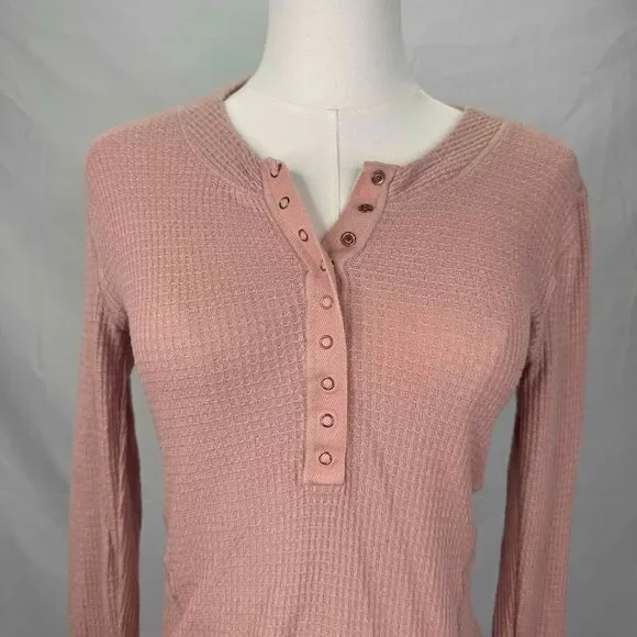 Free People Mauve Henley Top Button Textured Long Sleeve Thermal Transitional - Picture 3 of 11